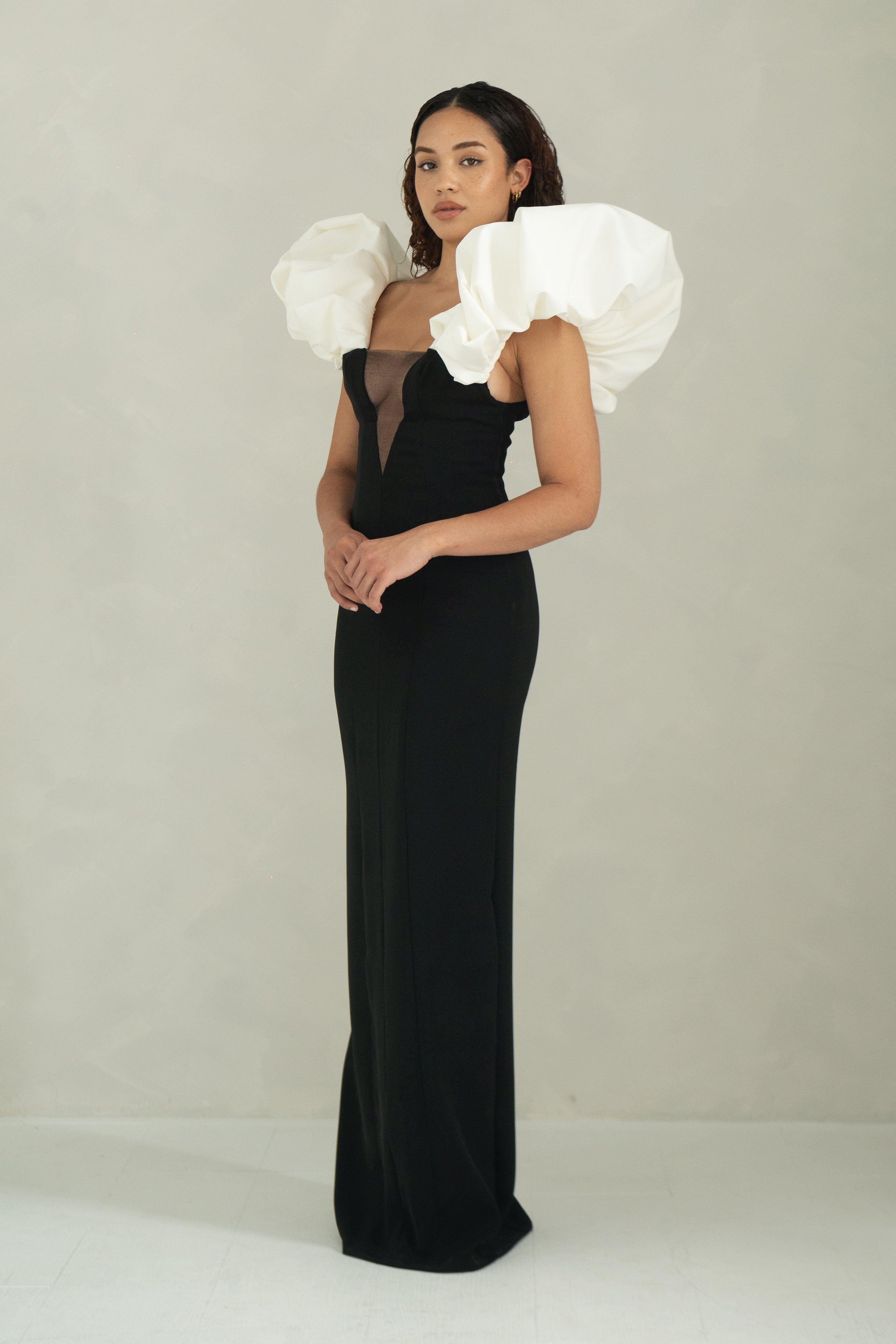 Fitted floor length evening dress with statement sleeves